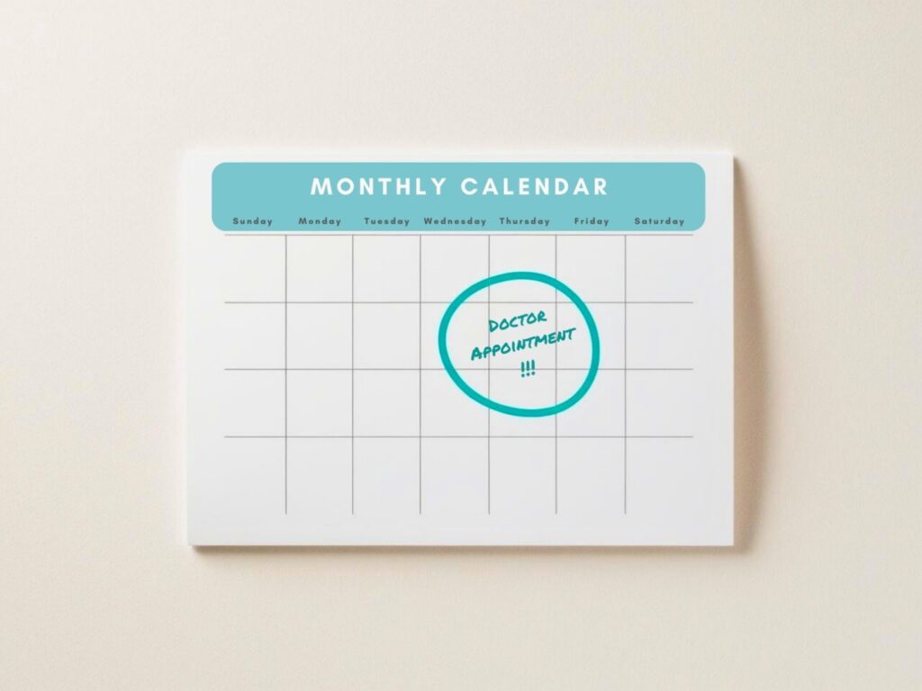 Monthly calendar with doctor appointment circled in marker, representing planning healthcare costs using an HSA.