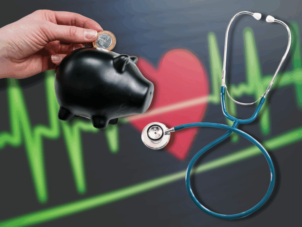 Hand putting coin into piggy bank with stethoscope in front of a medical heart rate monitor, symbolizing saving for medical expenses with an HSA