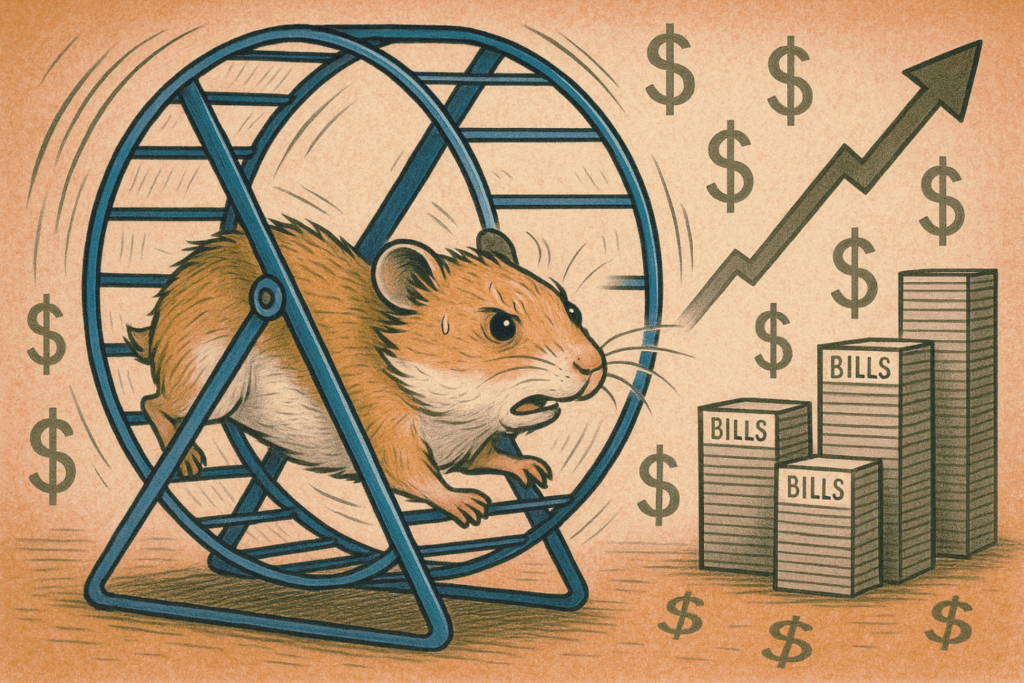 An illustration of a hamster running anxiously inside a wheel. Surrounding the hamster are dollar signs, an upward-trending arrow, and stacks of bills labeled "BILLS," symbolizing the struggle and cycle of debt accumulation.