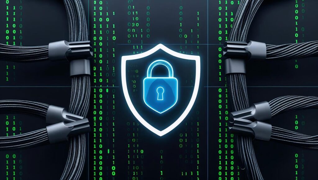 A digital illustration of a padlock inside a shield, surrounded by network cables and binary code, representing secure internet connections and data encryption.