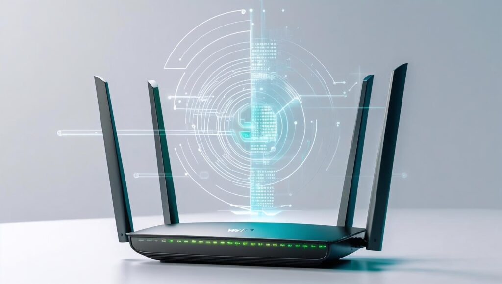 A modern wireless router with four antennas, illuminated indicator lights, and a digital overlay symbolizing network security and data protection.
