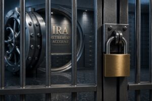 Illustration of a retirement account vault secured behind steel bars with a large padlock.